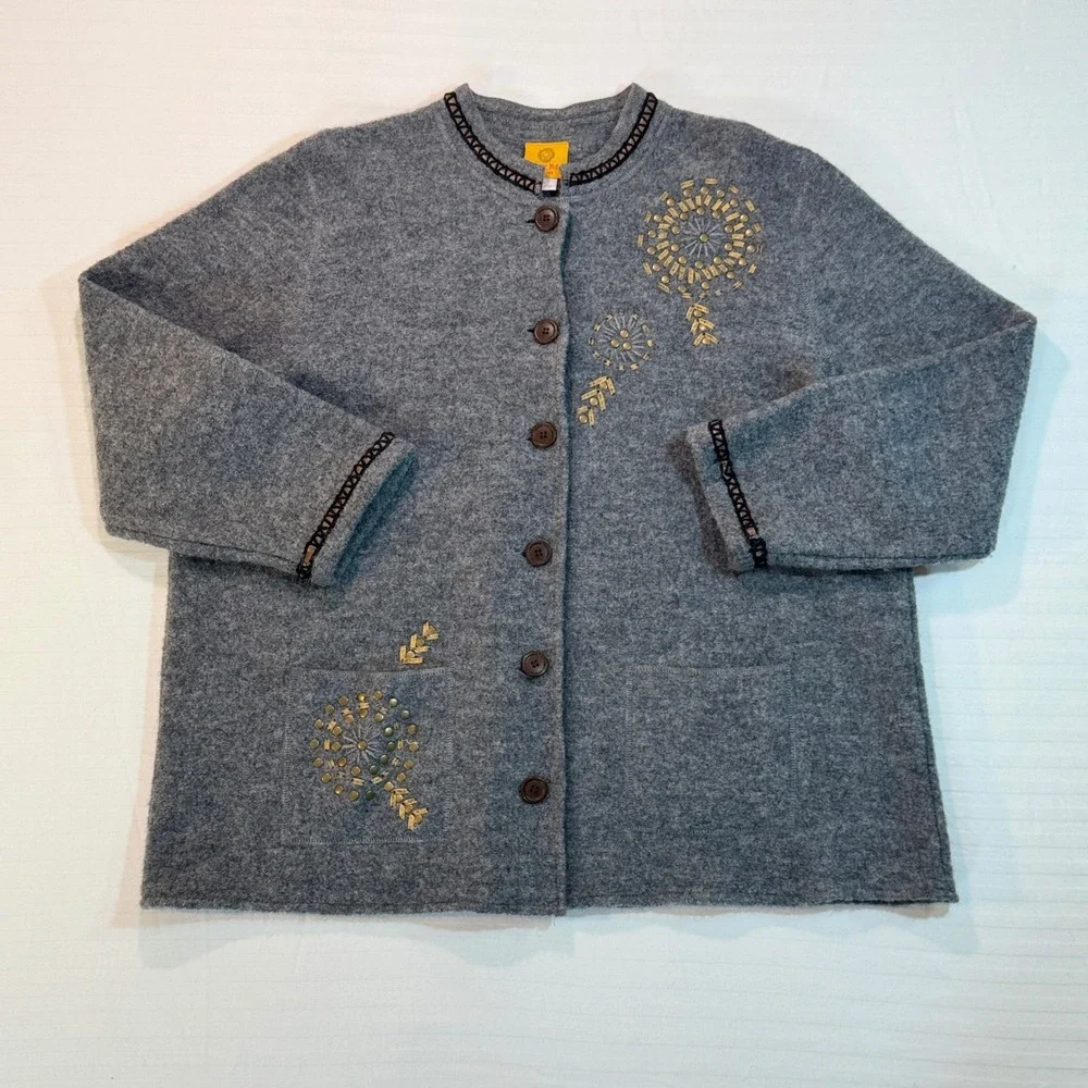 Ruby Rd Woman Gray Boiled Wool Jacket Studded Embroidered Button Front Plus 2X